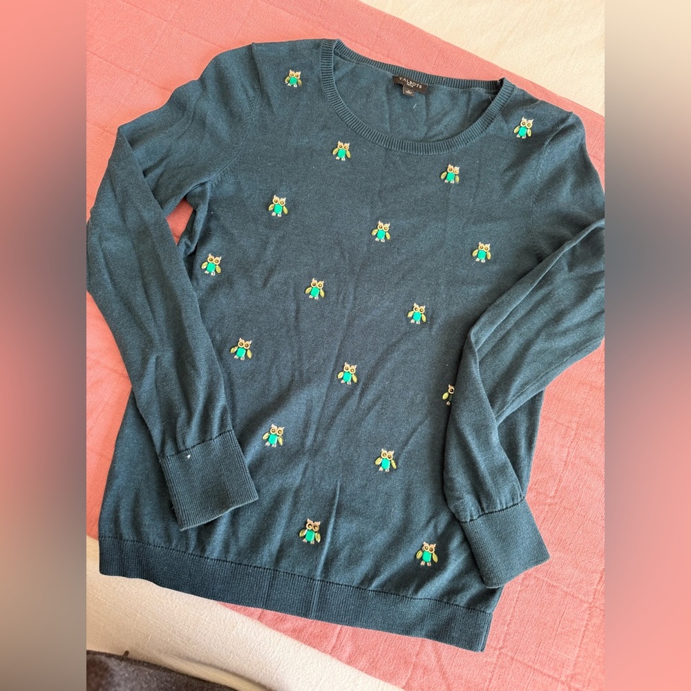 Talbots Teal Sweater with Owl Embroidery